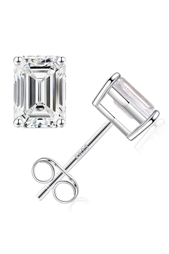 S925 Sterling Silver Stud Earrings for Women 2Ct Cubic Zirconia Emerald Cut Simulated Diamond Jewelry Teacher Appreciation Mothers Day Graduation Gift for Her Mom Kids Teen Girls Wife Ideas