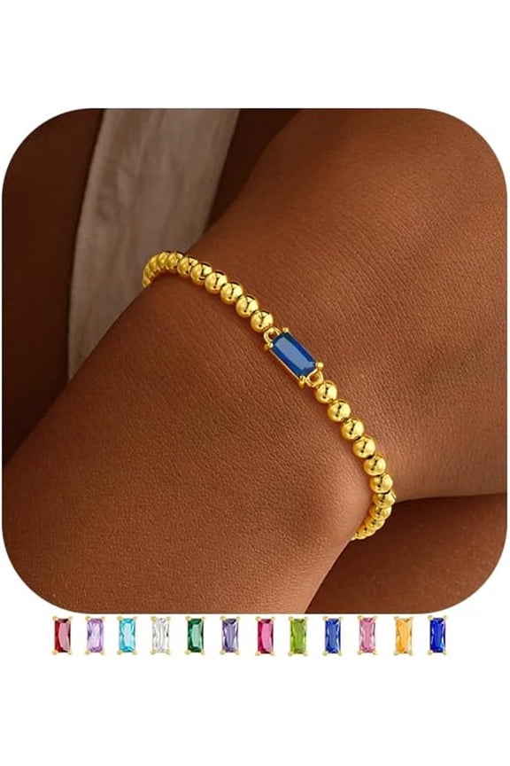 September Birthstone Bracelet for Women Dainty Sapphire Blue Birthstone 14K-Gold-Plated Elastic Bead Bracelets Trendy Friendship Jewelry Gifts for Women Girls