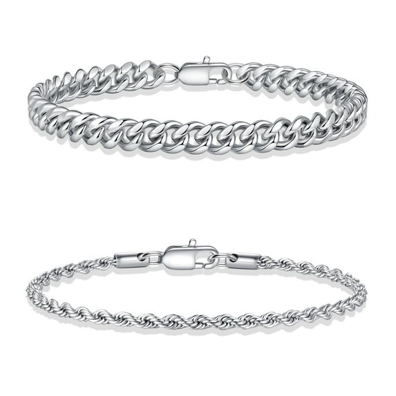 Turandoss Silver Bracelets for Men Stackable Stainless Steel Stack Rope Cuban Link Chain Minimalist Trendy Jewelry Teacher Appreciation Graduation Fathers Day Gifts for Him Her Men Son Dad Boys Girls