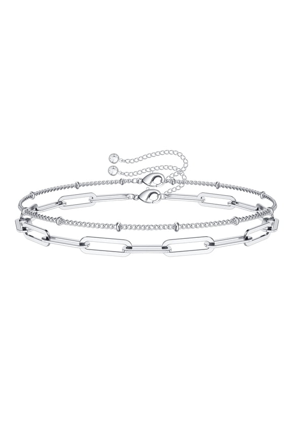 Silver Bracelets for Women 14K Gold Plated Layering Paperclip Oval Chain Silver Bracelet Cute Silver Layered Beads Chain Silver Bracelets for Women