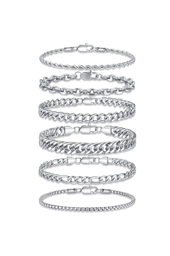 Silver Figaro Chain Bracelets for Men Stainless Steel Figaro Rope Link Bracelet Stack Chain Silver Bracelets Set Trendy Jewelry Gifts for Mens 7.5 inches