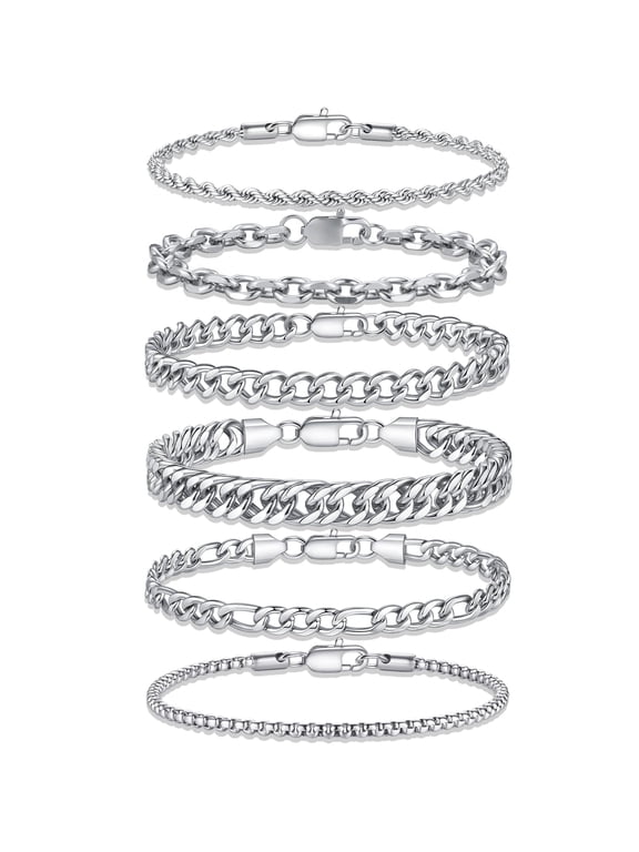 Figaro Chain Bracelets for Men Stainless Steel Rope Link Stack Chain Set Trendy Jewelry Teacher Appreciation Mothers Day Graduation Gifts for Her Mom Kids Teen Girls Wife Ideas