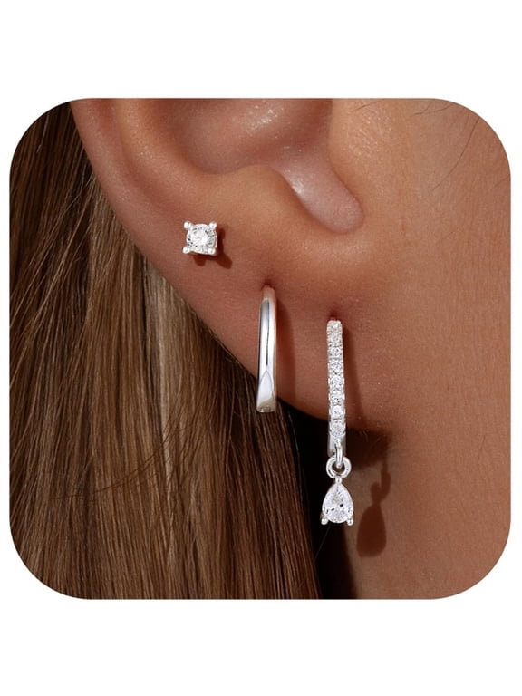 Silver Hoop Earrings for Women Trendy 14K White Gold Plated Hypoallergenic CZ Stud Earrings Dainty Dangle Huggie Cubic Zirconia Stacks for Women Hoops Earring Set for Multiple Piercing