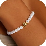 TURANDOSS Small Bubble Initial Dainty Beaded Pearl Stretch Bracelets for Women Girl Trendy Charm Letter A-Z Personalized Pearl Jewelry Trendy Flower Girl Proposal Birthday Wedding Gift for Women Girl