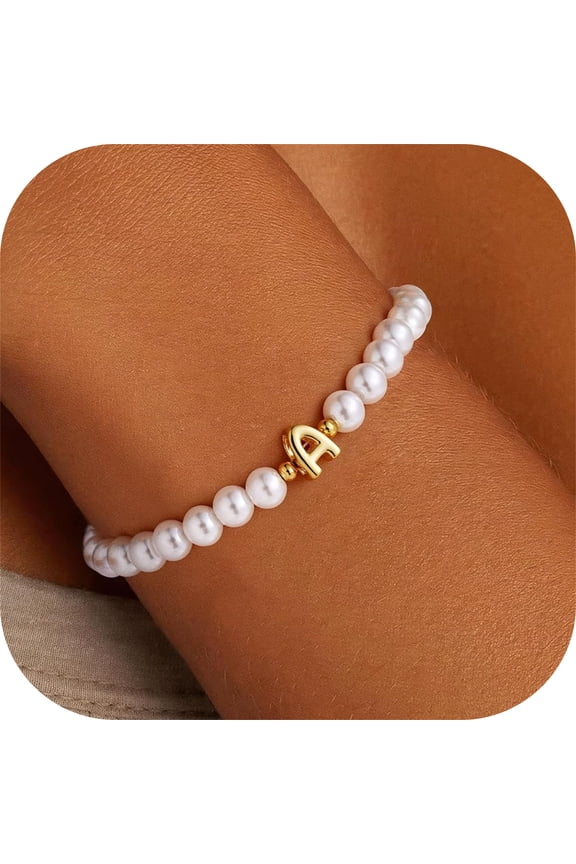 Small Bubble Initial Dainty Beaded Pearl Stretch Bracelets for Women Girl Trendy Charm Letter A-Z Personalized Pearl Jewelry Trendy Flower Girl Proposal Birthday Wedding Gift for Women Girl