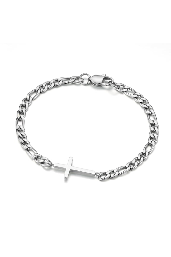 Stainless Steel Cross Figaro Chain Bracelet for Men Non Tranish Silver Cross Bracelet Sturdy Link Figaro Chain Bracelets Silver Jewelry Christian Baptism Confirmation Gifts for Men Boy