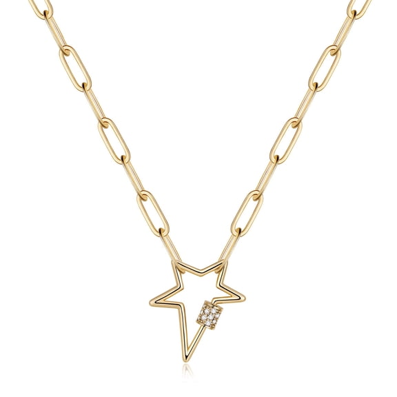 Turandoss Star Link Chain Necklace for Women 14K Gold Plated Dainty Pendant Paperclip Necklace Cubic Zirconia Star Oval Link Chain Necklaces for Women Jewelry Gifts