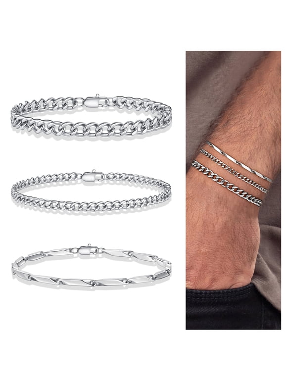 Sterling Silver Cuban Link Layered Chain Bracelets Set for Men Herringbone Figaro Wrist Chains 9" Sturdy Stainless Steel Simple Jewelry Birthday Gifts for Men Father