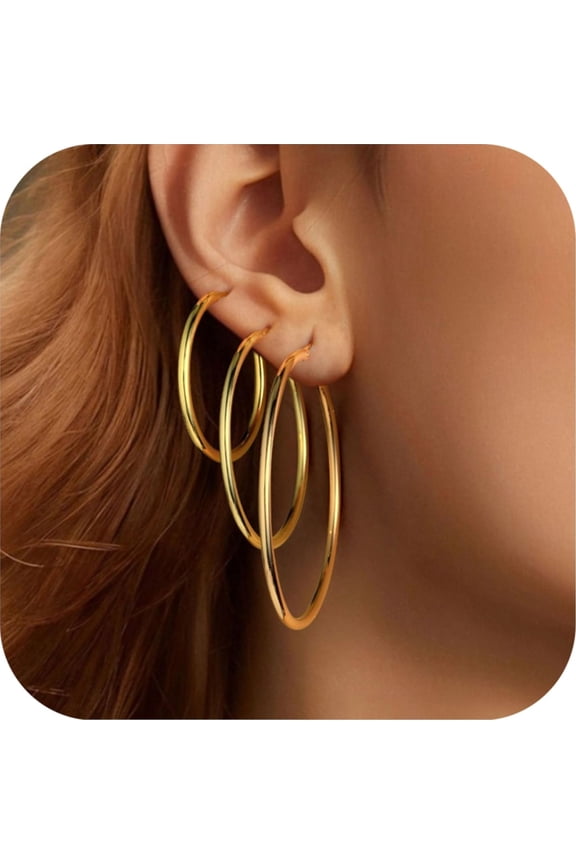 Thick Gold Plated Chunky Small Hollow Tube Hoops Earrings Set for Women Hypoallergenic Lightweight Jewelry Birthday Gift for Women 13/15/20/25/30/40mm
