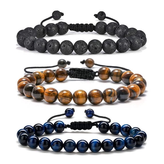 Turandoss Tiger Eye Beaded Bracelets for Men Boys, Cool Natural Stone Stack Bracelet, Birthday Gifts for Men Son Dad, Unique Jewelry, 3PCS