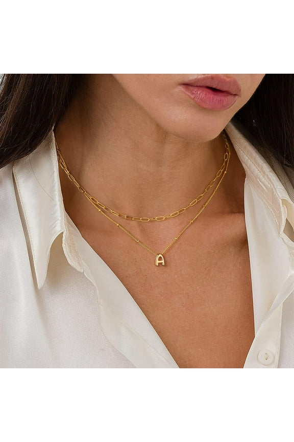 Tiny Layered Gold Initial Necklaces for Women, Dainty Gold Bubble Initial Choker Paperclip Chain Necklace Gold Jewelry for Women