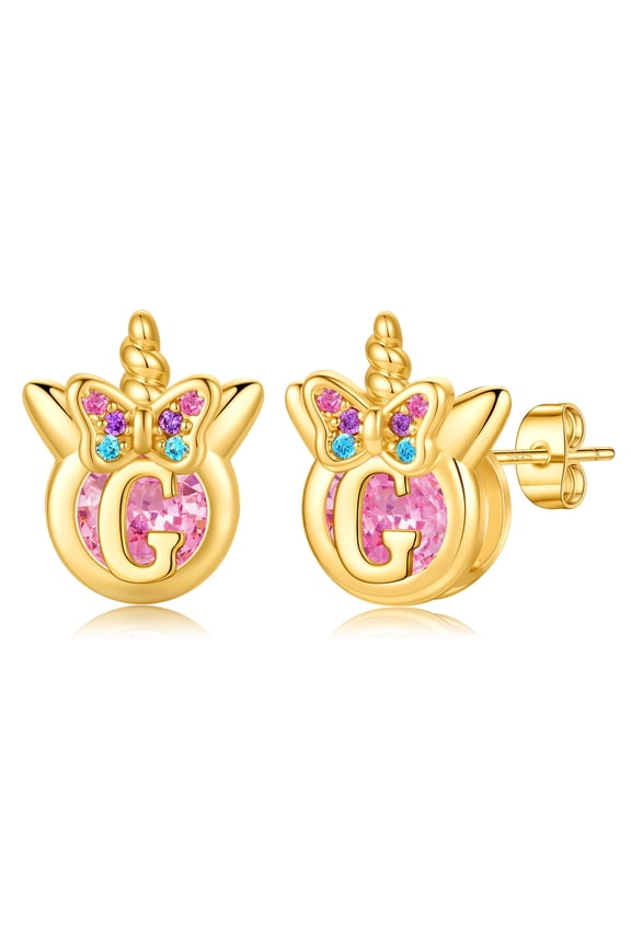 Unicorn Earrings for Girls Gifts - S925 Sterling Silver Post Hypoallergenic Initial 14K Gold Plated Pink Cz Stud Earrings Jewelry Trend Personalized Birthday Gifts for Kids Girls Ages 8-12