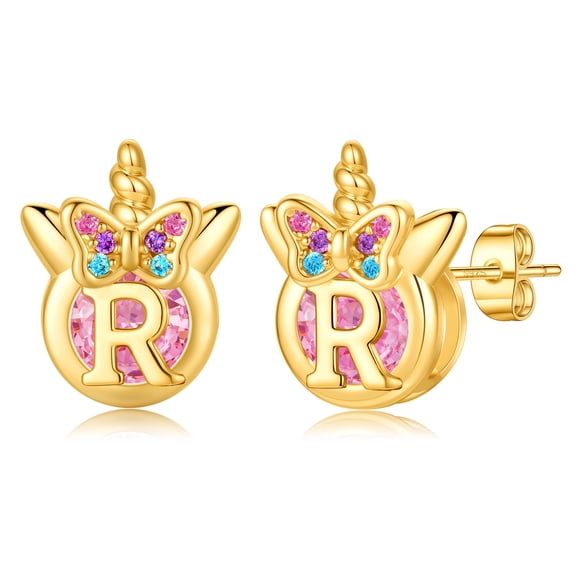 Turandoss Unicorn Earrings for Girls Gifts - S925 Sterling Silver Post Hypoallergenic Initial 14K Gold Plated Pink Cz Stud Earrings Jewelry Trend Personalized Birthday Gifts for Toddler Girls