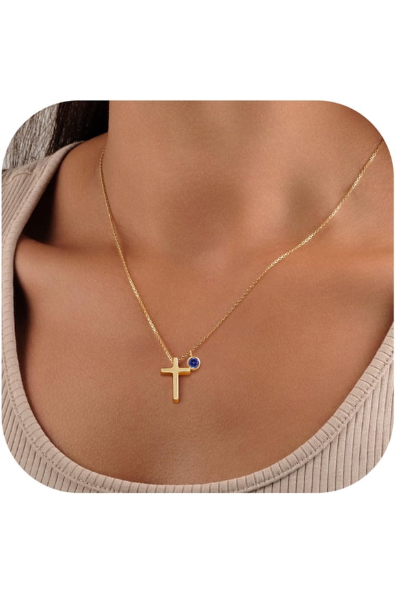 Valentines Day Birthstone Necklace Gifts for Women 14K Gold Plated Dainty Cross Pendant Created 12 Birthstone Trend Jewelry Birthday Gifts for Christian Faith Women Teenage Girls
