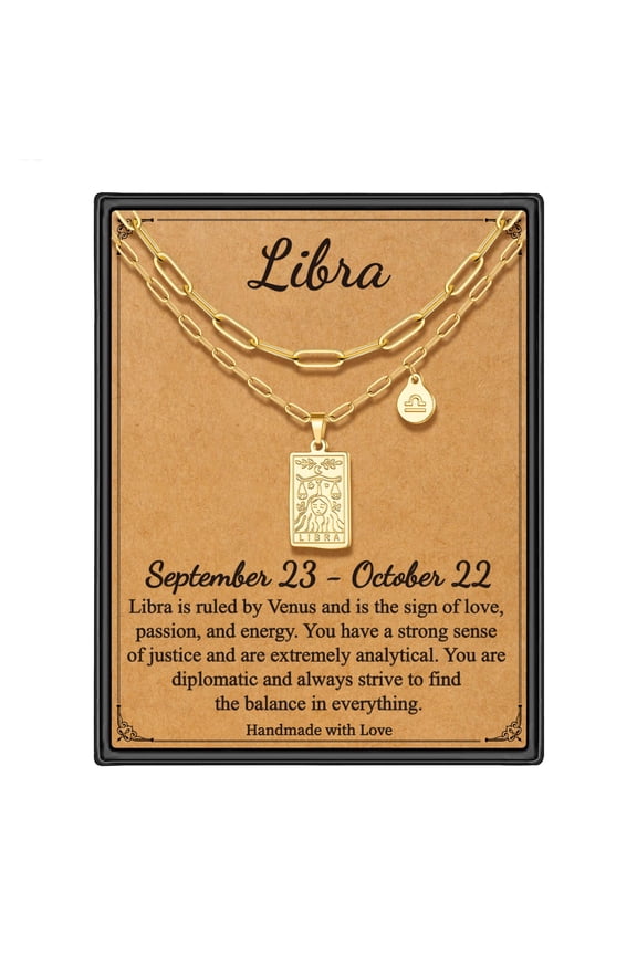 Zodiac Layered Necklaces for Women 14K Gold Plated Retro 12 Constellation Libra Pendant Fashion Jewelry Tarot Card Birthday Gifts for Her Women Teenage Girl Best Friend