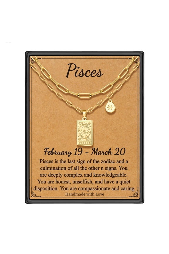 Zodiac Layered Necklaces for Women 14K Gold Plated Retro 12 Constellation Pisces Pendant Fashion Jewelry Tarot Card Birthday Gifts for Her Women Teenage Girl Best Friend
