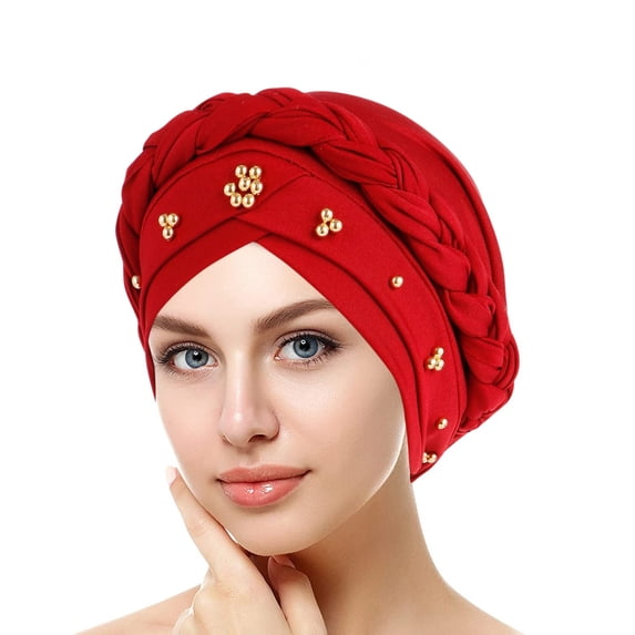 Turban Caps for Women Pre-Tied Twisted with Beaded Turbans Head Scarf Braid Hat Headwear Women Cap Turban Wrap Headscarf Caps Turban Caps for Women Red One Size