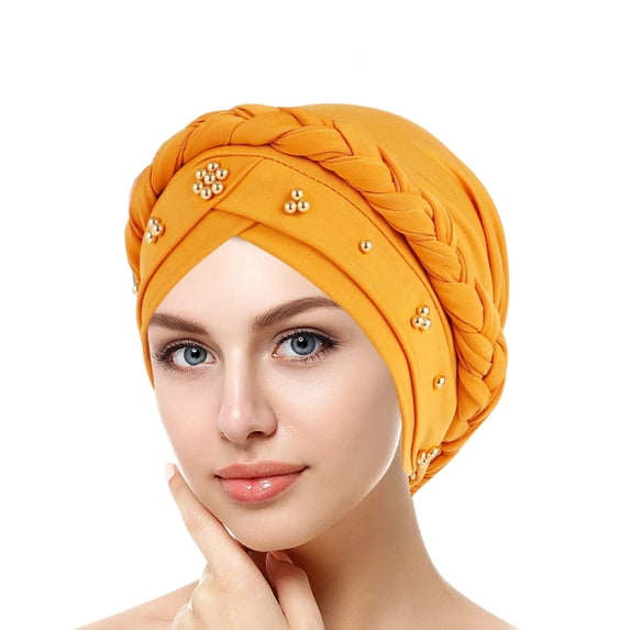Turban Caps for Women Pre-Tied Twisted with Beaded Turbans Head Scarf Braid Hat Headwear Women Cap Turban Wrap Headscarf Caps Turban Caps for Women Yellow One Size