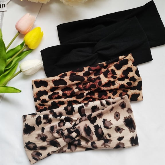 Turban Headbands for Women Boho Stretchy Fashion Headbands Fabric Twist Knotted Cloth Headband Head Wraps for Yoga Black Leopard