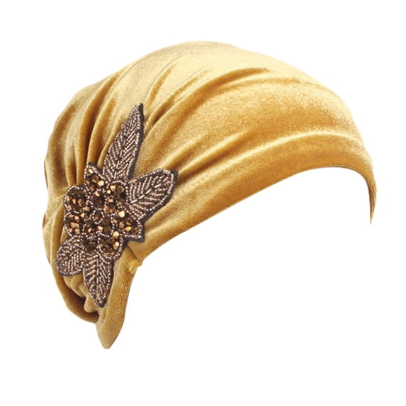 Turban for Women CQXIDFH Women Velvet Turban Beanie, Beaded Flower Decor Soft Chemo Cap, Elegant Headwear for Hair Loss, Trucker Hats (Gold, One Size)