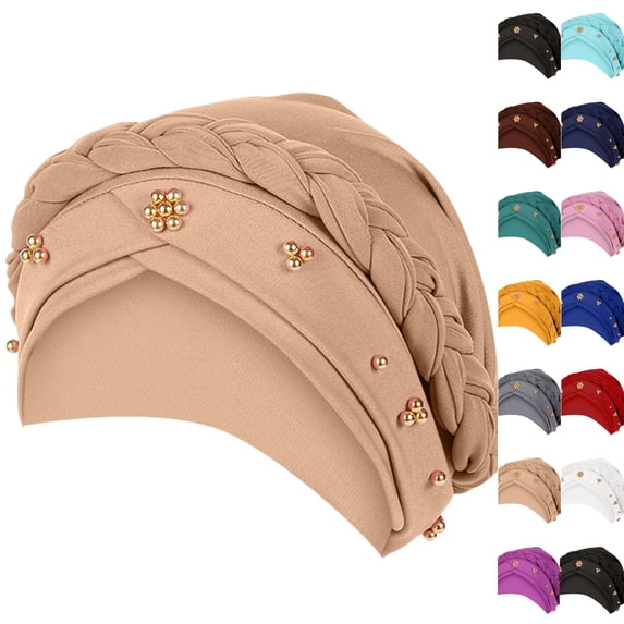 Turban for Black Women African Cap Head Wraps Beaded Headscarf Beanie Wrap Khaki One Size