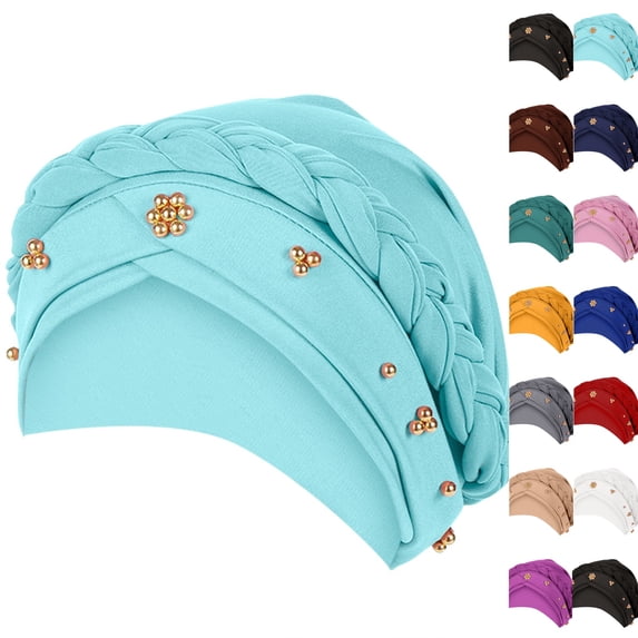 Turban for Black Women African Cap Head Wraps Beaded Headscarf Beanie Wrap Light Blue One Size