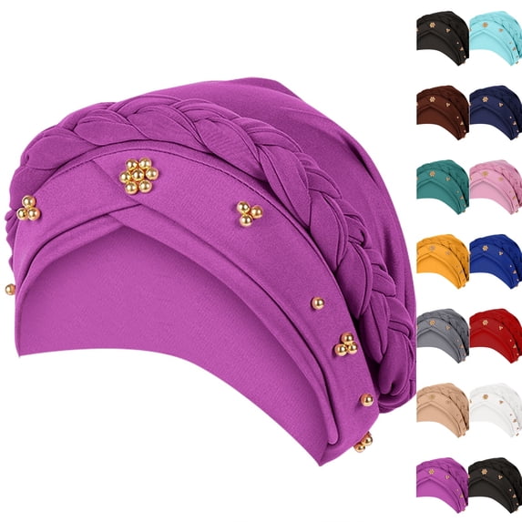 Turban for Black Women African Cap Head Wraps Beaded Headscarf Beanie Wrap Light Purple One Size