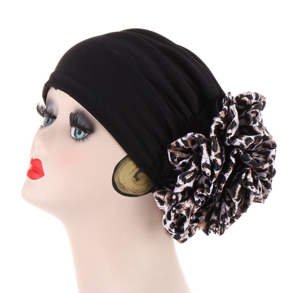 Turbans Leopard Cloth Flower Head Wraps Soft Head Scarf Flower Knot Pre-Tied Bonnet Beanie Cap for Women