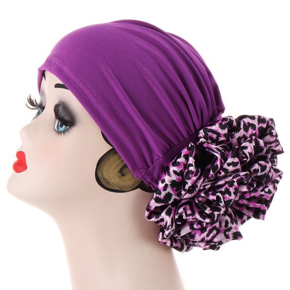 Turbans Leopard Cloth Flower Head Wraps Soft Head Scarf Flower Knot Pre-Tied Bonnet Beanie Cap for Women