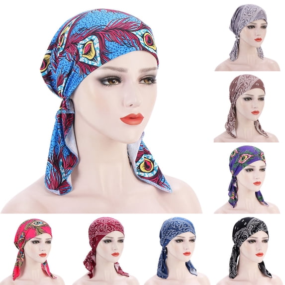 Turbans for Women Helii Under $5 Casual Lightweight Breathable Soft Printed Head Wrap Chemo Headwrap Hijab Beanie Black Skull Cap Hair Cover for Daily Outfit