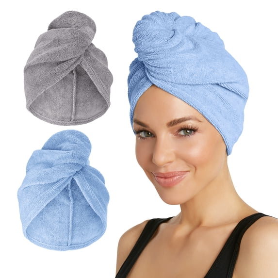 Turbie Twist Super Absorbent Microfiber Hair Towel Wrap - Hands Free Hair Drying Towel - 2 Pack (Grey, Blue) Gray / Blue