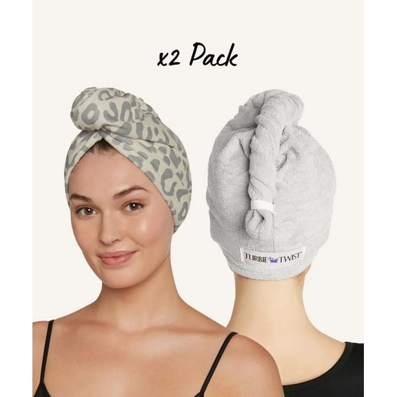 Turbie Twist 2 Pack Microfiber Hair Towel - Snow Leopard, Grey