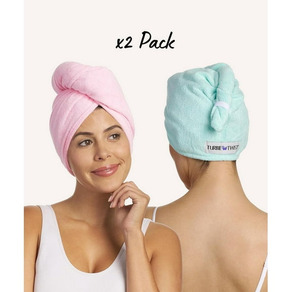 Turbie Twist Extra Long Microfiber Hair Towel Wrap - 2 Pack - For Women, Men & Kids - Travel & Bathroom Essential - Quick Dry Hair Turban for Curly, Long & Thick Hair (Pink, Mint)