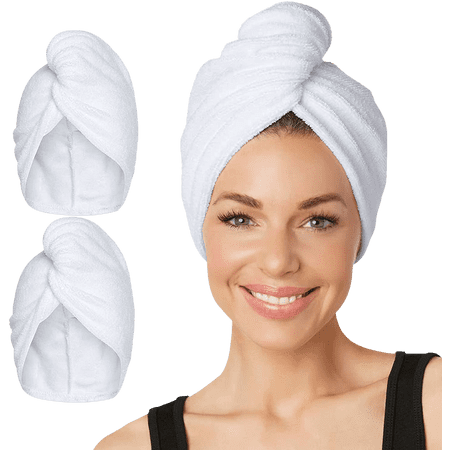 Turbie Twist Extra Long Microfiber Hair Towel Wrap - 2 Pack - For Women, Men & Kids - Travel & Bathroom Essential - Quick Dry Hair Turban for Curly, Long & Thick Hair (White, White)