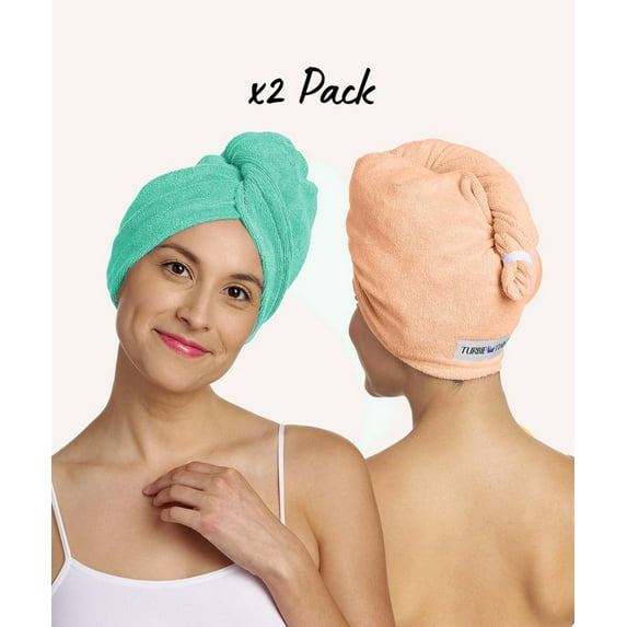 Turbie Twist Microfiber Hair Towel Wrap - 2 Pack - For Women, Men & Kids - Travel & Bathroom Essential - Quick Dry Hair Turban for Curly, Long & Thick Hair (Bermuda, Peach)