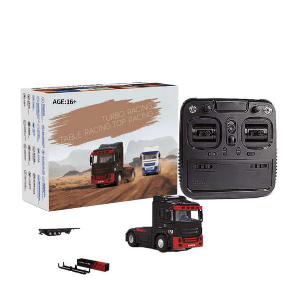 Turbo 1/76 Scale RC Semi Trucks with RC Truck Drag Plate & Cargo Container, 2.4G Mini Trailer with LED Lights, 4WD Electric Truck Tractor, Desktop Vehicle C50-T