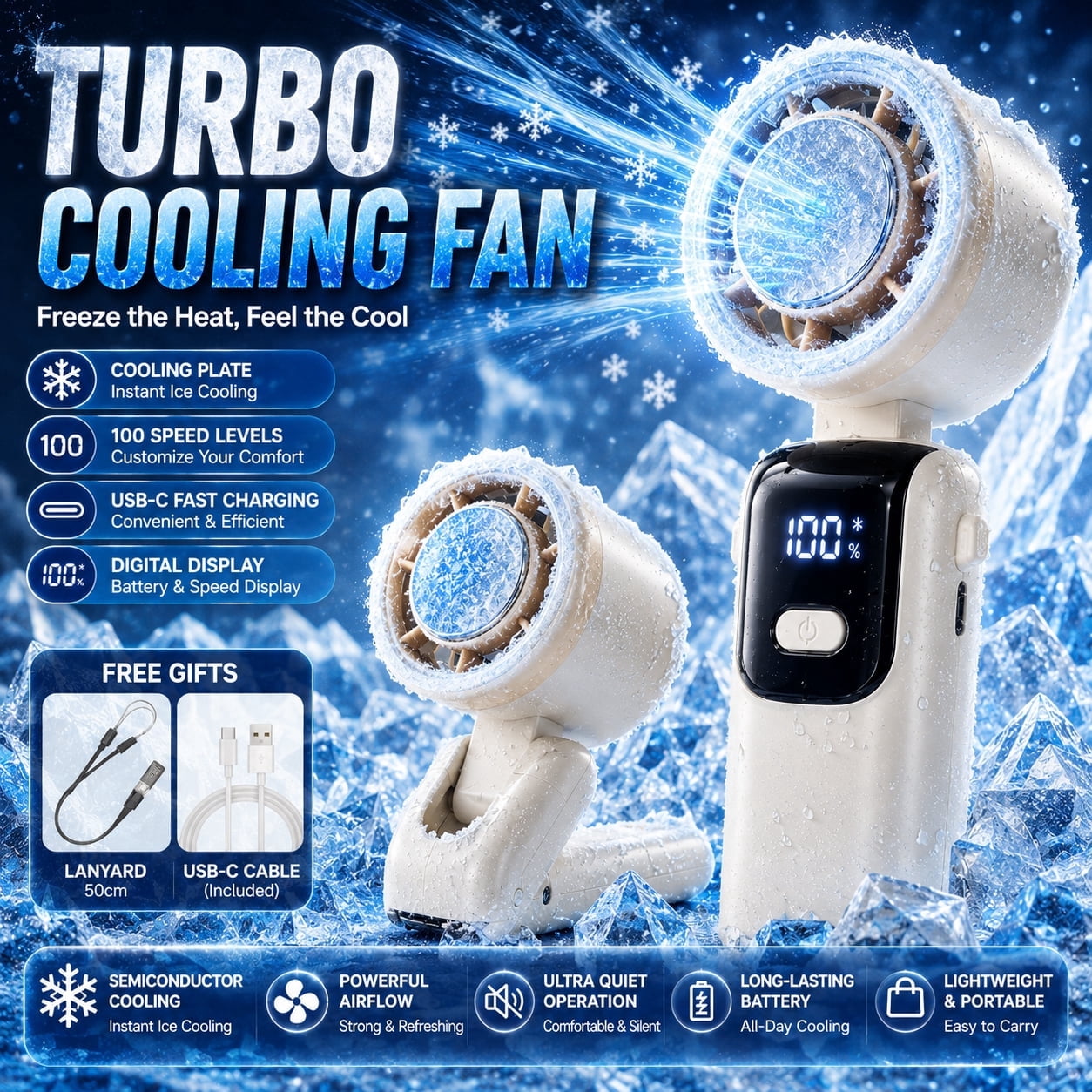 Turbo Cooling Handheld Fan, Portable Personal Fan with Cooling Plate, USB-C Rechargeable, 100 Adjustable Speed Levels, Digital Display, Foldable Desktop Fan for Office, Travel, Camping, Outdoor Use