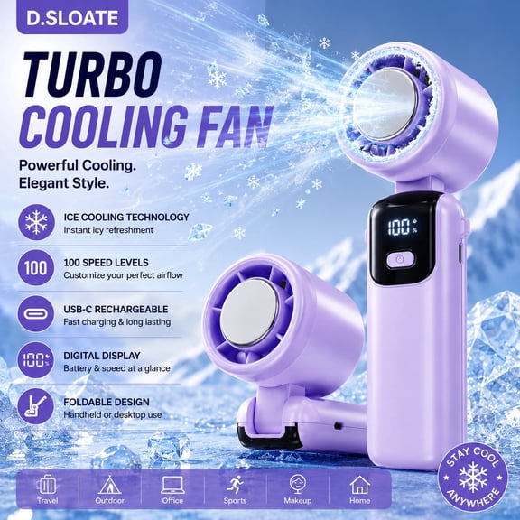 Turbo Cooling Handheld Fan, Portable Personal Fan with Cooling Plate, USB Rechargeable, 100 Adjustable Speed Levels, Digital Display, Foldable Desktop Fan for Travel, Camping, Office, Outdoor, Purple