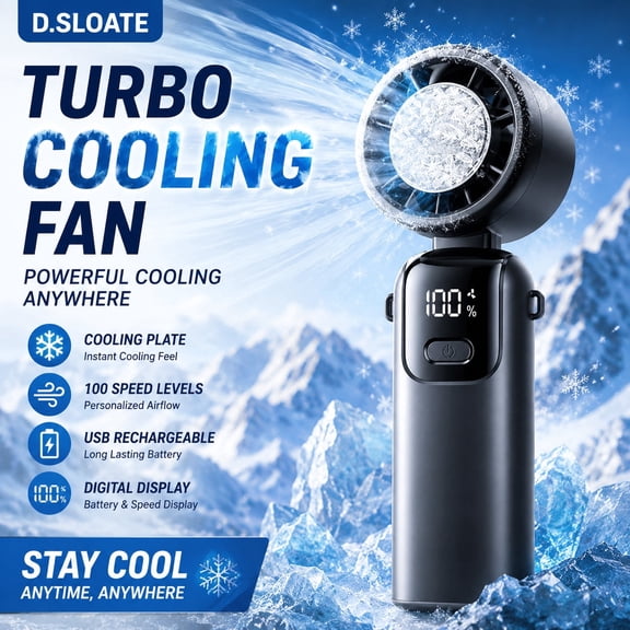 Turbo Cooling Handheld Fan, Portable Personal Fan with Cooling Plate, USB Rechargeable, 100 Adjustable Speed Levels, Digital Display, Foldable Desktop Fan for Travel, Camping, Office, Outdoor