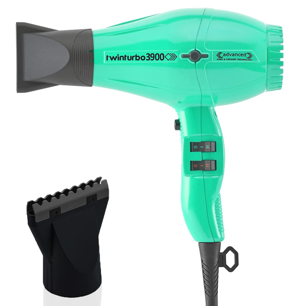 Turbo Power TwinTurbo 3900 Advanced Light Blue Emerald Ionic & Ceramic Technology Eco Friendly Hair Dryer and M Hair Designs Hot Blow Attachment Black (Bundle - 2 Items)