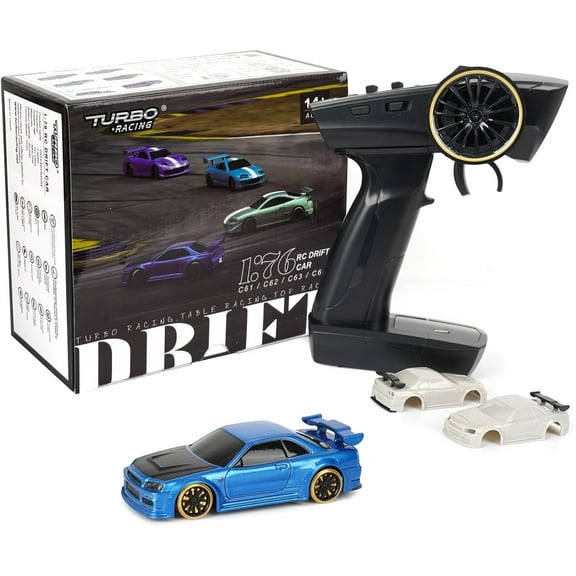 Turbo Racing 1:76 Scale Drift RC Car, Table Racing 2.4GHZ Remote Control Mini Model Car with Gyro Full Proportional RTR for Adults Toys C64-Blue