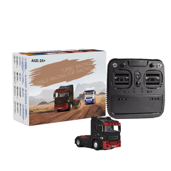 Turbo Racing 1:76 Scale RC Truck, 2.4GHz 3CH 4WD Electric Semi-Truck with LED Lights, All-Terrain Mini Desktop Model, Gift for Adults