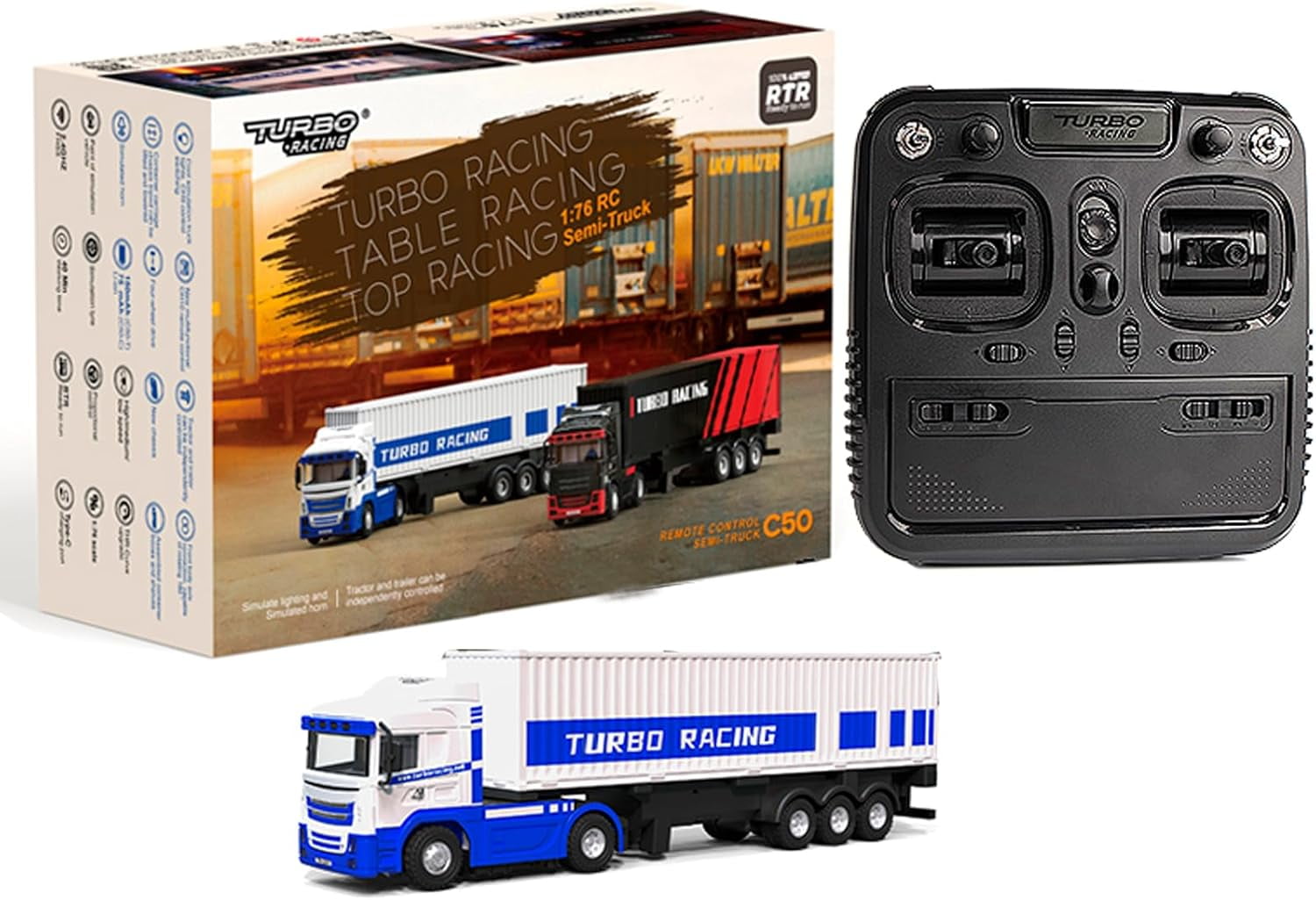 Turbo Racing 1/76 Scale Remote Control Truck Tractor & Cargo Trailer Set, 2.4G 4WD Mini RC Car with Metal Paint & Detachable Controller, RTR Desktop Model for Teens & Adults