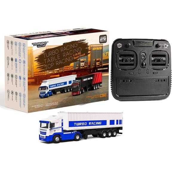 Turbo Racing 1/76 Scale Remote Control Truck Tractor & Cargo Trailer Set, 2.4G 4WD Mini RC Car with Metal Paint & Detachable Controller, RTR Desktop Model for Teens & Adults
