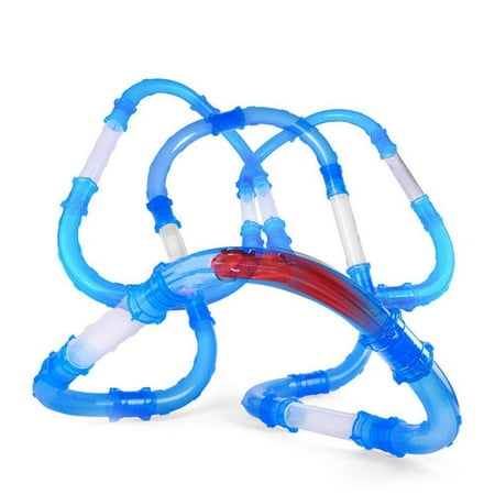 Turbo Zoom Magic Speed Race Car Tube Track Set - Glow In The Dark Light Up LED Changeable Kids Race Trax Pipes - Complete Main 28pc Set