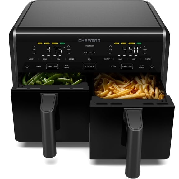 Chefman 9-Quart TurboFry Dual Basket Air Fryer with 4 Cooking Functions, 450°F Max Temp - Black