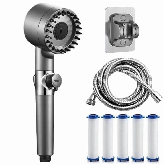 Turbocharging Ion Drops Filtered Shower Head with 59" Stainless Steel Hose, 5 Filter Cartridge and Angle-adjustable Bracket, 4 Spray Modes High Pressure ShowerHead with ON/OFF Switch (Gray)