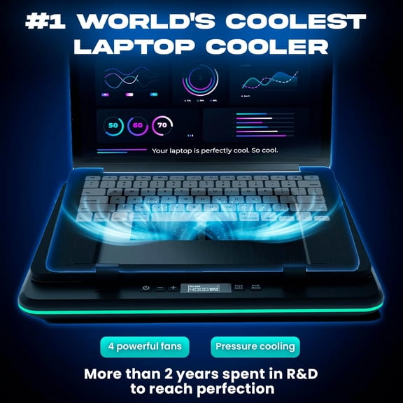 Turbofrost Gaming Laptop Cooling Pad - 4 Powerful Turbo Fans - 4 x 4000 RPM, Dynamic RGB, 4-Ports USB, Laptop Cooler 2 Power Modes USB-C/DC, Sealed Foam for Fast Cooling - Up to 17in - Black
