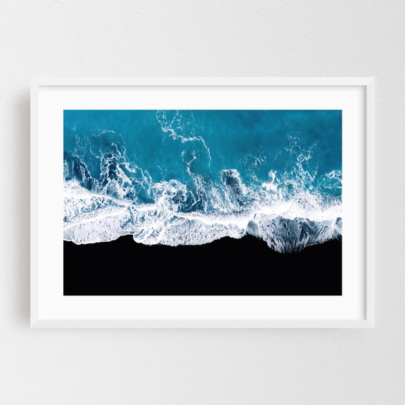 Turbulent Ocean Waves crashing on a Black Sand Beach in Iceland - Iceland Photography Ocean Waves Seascape Abstract Coast Nature Beach White Framed Wall Art Print 24 x 36 inches