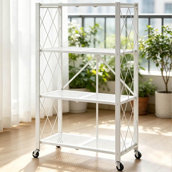 Turcyy Rolling Metal Storage Rack, 4Tier Foldable Organizer Shelving with 360 Rotating Wheels, White NoAssembly Unit for Kitchen Storage